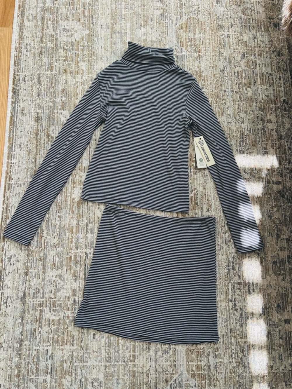 No Boundaries Striped Black and Grey Turtleneck Skirt Set